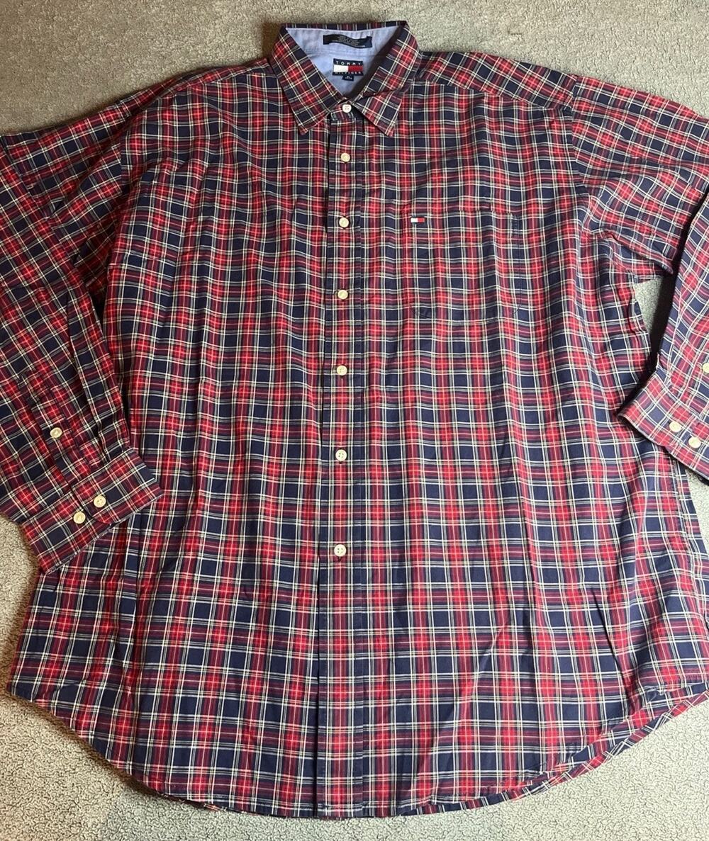 VTG Tommy Hilfiger Plaid Red Button Down Shirt Men’s XL 100% Cotton B246